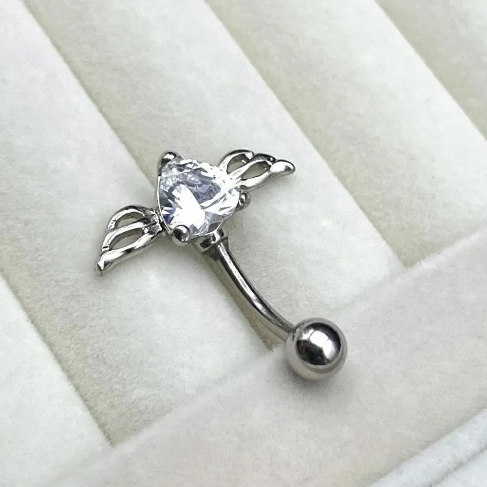 316L Stainless Steel with White Diamond Cubic Zirconia Winged Heart Belly Ring
